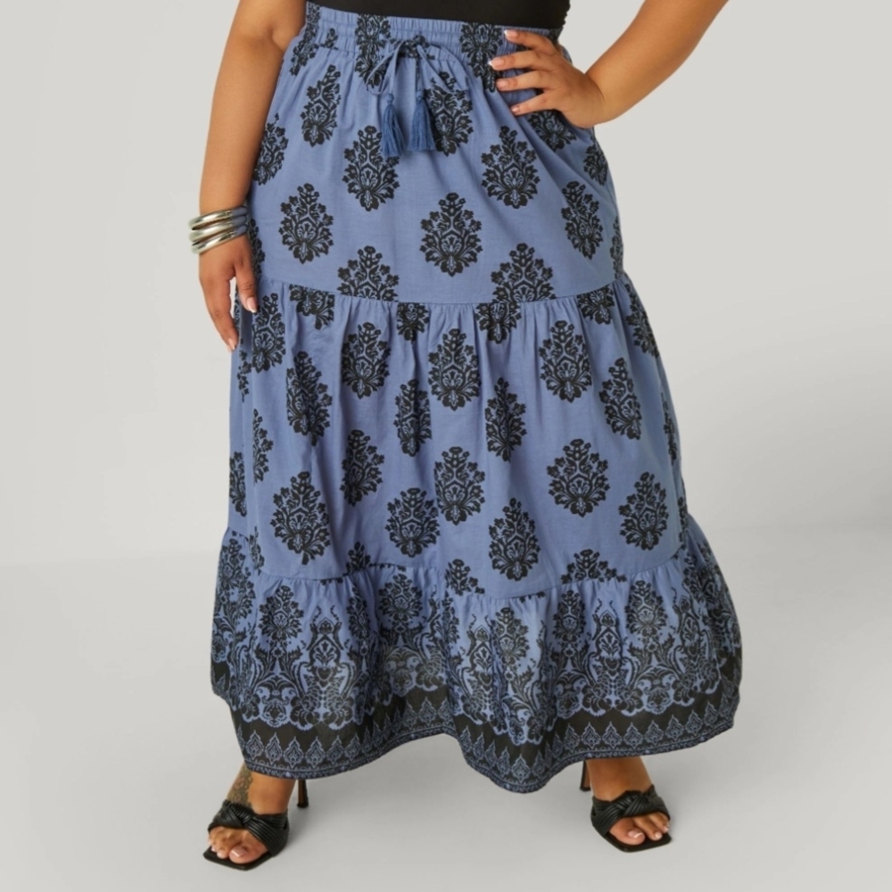 NWT Ashley Stewart Blue and Black Printed Cotton Maxi Skirt Size 22/24